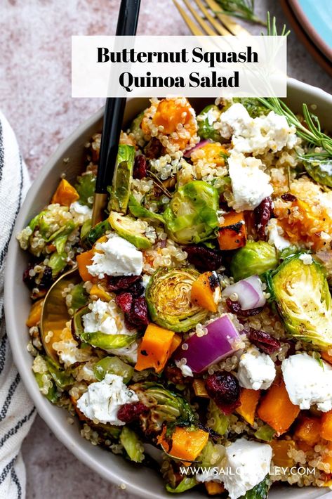 Maple roasted butternut squash and brussel sprout quinoa salad. A side dish or healthy lunch full of fall flavor. via @sailor_bailey Parmesan Crusted Brussel Sprouts, Crusted Brussel Sprouts, Bailey Recipes, Squash Quinoa Salad, Butternut Squash Quinoa Salad, Meal Sides, Quinoa Salads, Squash Quinoa, Sailor Bailey