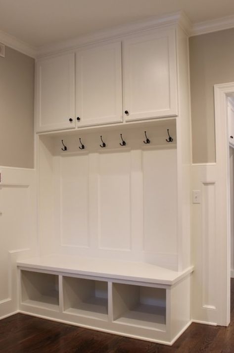 10 Must Haves in My Next Home - Keep it Simple, DIY Mudroom With Upper Cabinets, Locker Inspiration, Corner Mudroom, Mud Area, Mudroom Cabinet, Mud Bench, Garage Redo, Boot Bench, Traditional Entry