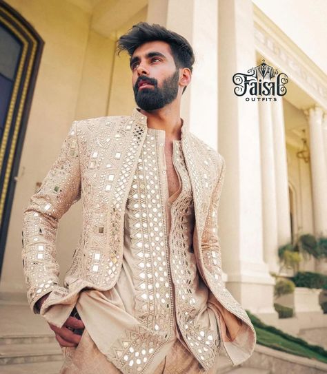 Luxury Jamawar Nehru Jacket For Diwali, Luxury Nehru Jacket For Puja And Eid, Luxury Off White Bandhgala For Eid, Luxury Nehru Jacket With Buttons For Wedding, Luxury Gold Elegant Nehru Jacket, Luxury Spring Sherwani With Gota Work, Luxury Single Breasted Nehru Jacket For Winter, Groomsmen Indian Outfits, Luxury Nehru Jacket For Puja