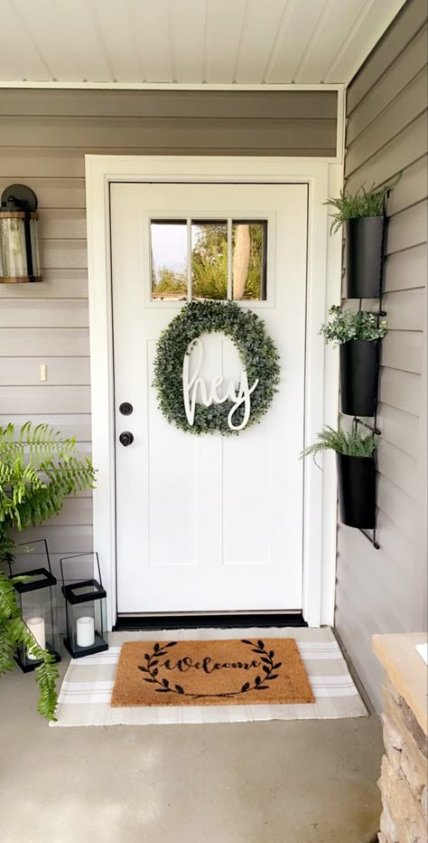 Front Door In Corner Of Porch, Front Door Decor Small Porch, Off Center Front Door Porch Decor, Front Door Entrance Apartment, Small Front Door Patio Ideas, Exterior Front Door Decor Ideas, One Side Porch Decor, Front Door Decor With Bench, Front Door Table Outdoor