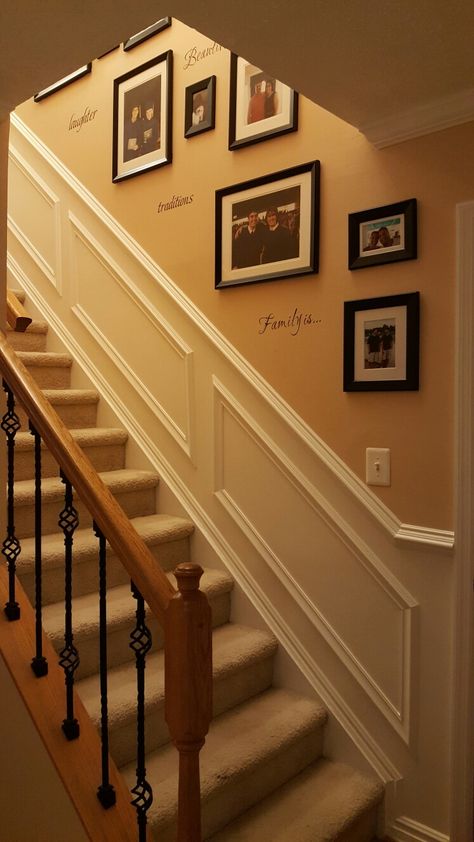 Picture Frame Molding Stairwell, Picture Frame Molding Stairs, Staircase Makeover, Picture Frame Molding, House Stairs, Wainscoting, Living Room Kitchen, Molding, Picture Frames