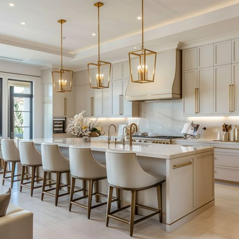 Kitchen Elegant Modern, Hamptons Kitchen Island, Modern Chic Kitchen Ideas, Extended Island Kitchen, Contemporary Coastal Kitchen, Modern Interior Designs For Homes, New Construction Kitchen Ideas, White Kitchens 2024, Luxury Island Kitchen