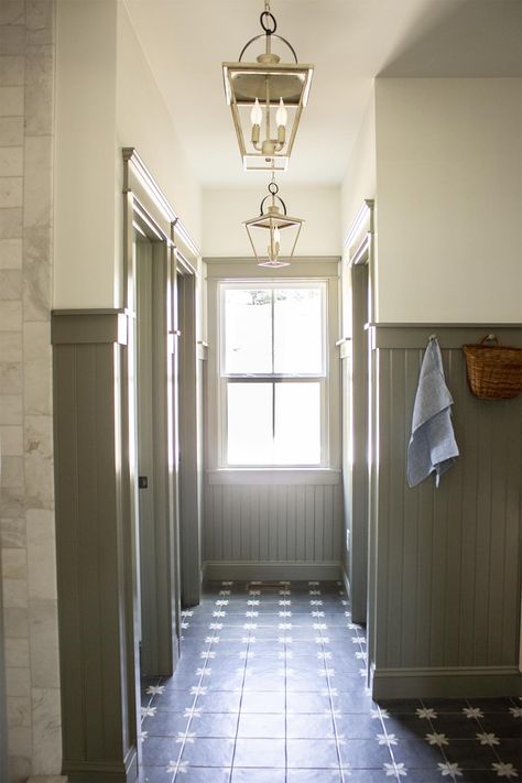 The Burrow Master Bath Goes Olive - thewhitebuffalostylingco.com Kitchen Board And Batten Wall, Beadboard Hallway, Green Beadboard, Gray Entryway, Painted Beadboard, Bathroom Budget, Beadboard Bathroom, Board Batten, Bungalow Exterior