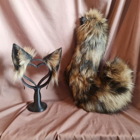 Brindle wolf ears brindle wolf tail by fennecfemme on etsy Therian Ears, Clawdeen Costume, Wolf Ears And Tail, Tail And Ears, Puppy Boy, Room Wardrobe, Wolf Tail, Wolf Costume, Rave Fits