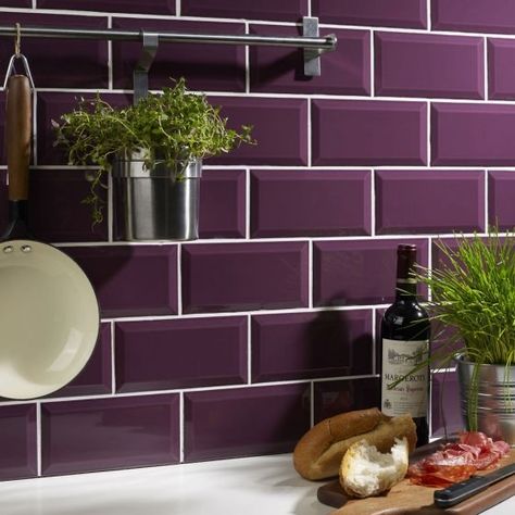 Purple Kitchen Walls, Kitchen Purple, Plum Wall, Plum Kitchen, Bathroom Colour, Purple Tile, Purple Kitchen, White Bathroom Tiles, Purple Bathrooms