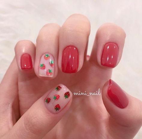 Nail Art Strawberry, Strawberry Nail, Korean Nail, Korean Nail Art, Korean Nails, Kawaii Nails, Summer Acrylic Nails, Pink Nail, Minimalist Nails