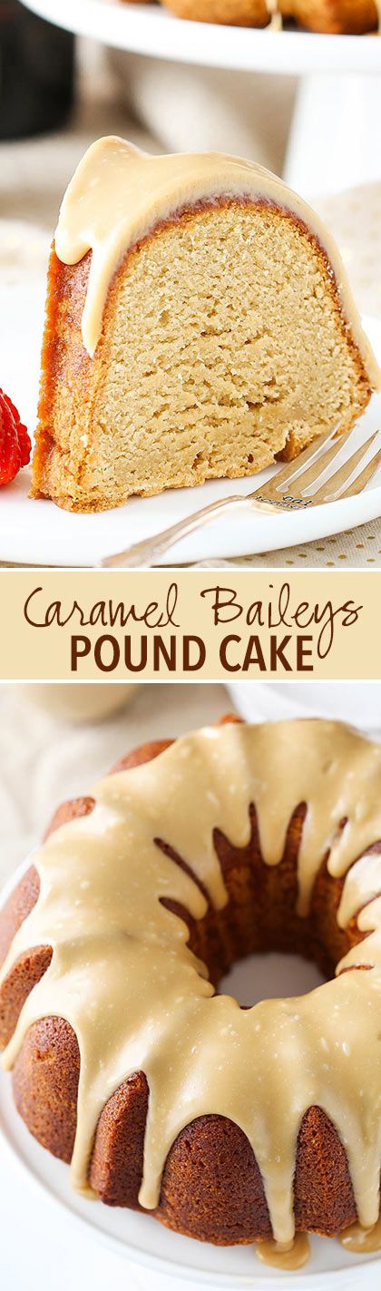 Caramel Baileys Pound Cake - soft, moist and full of Baileys and caramel flavor! I'm in love! Baileys Pound Cake, Irish Treats, Caramel Icing Recipe, Weight Watcher Desserts, Coconut Dessert, Caramel Icing, Pound Cake Recipe, Brownie Desserts, Low Carb Dessert