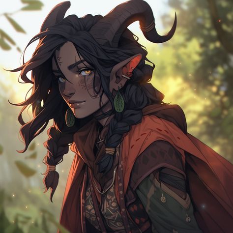 Fantasy People Mythical Creatures, Forest Tiefling, Green Tiefling Woman, Tiefling Ranger Female, Trifling Female, Dnd Tiefling Druid, Teifling Character Art, Tiefling Druid Female, Dnd Satyr Female