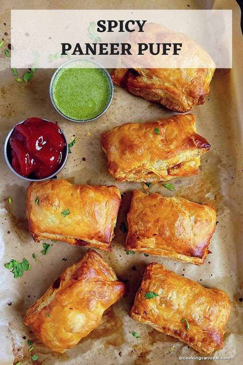 The ultimate blend of enticing flavors and textures, this Indo-Chinese Schezwan Paneer puff is simple to make and a perfect appetizer recipe. With a savory paneer filling wrapped in flaky and crispy pastry sheets and baked to golden perfection, these spicy paneer patties are super easy to put together and are a pure delight in every bite! #appetizers #paneerpuff #paneerrecipe #puff #indochinese Paneer Patties, Paneer Puff, Schezwan Paneer, Paneer Sabji, Veg Appetizers, Butter Board, Go Viral On Tiktok, Paneer Dishes, Veg Snacks