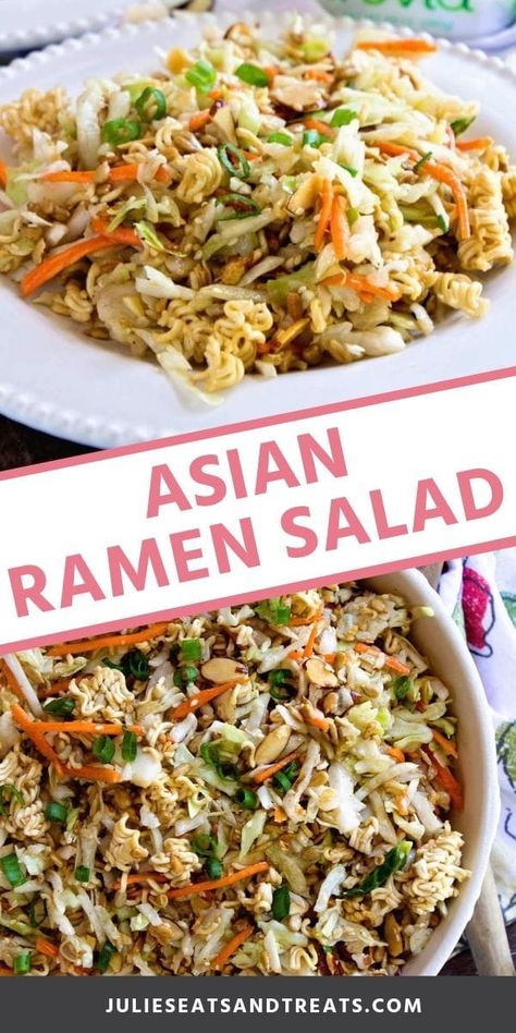 Asian Ramen Salad is the best salad for summer parties and potlucks! It always makes a great salad for holidays too. We love the crunch from the ramen noodles and it's so easy to throw together! You've got to try this salad today! #ramen #salad Coleslaw Recept, Asian Ramen Salad, Asian Ramen, Salad For Summer, Asian Salad Recipe, Ramen Salad, Ramen Noodle Salad, The Best Salad, Salads For A Crowd