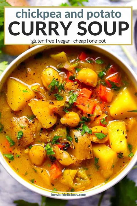 Chickpea And Potato, Chickpea And Potato Curry, Curry Soup Recipes, Chickpea Soup, Curry Soup, Potato Curry, Chickpea Recipes, Vegan Soups, Soup Season