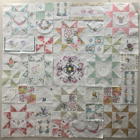 Let’s Make a Vintage Linens Quilt Together! Post #8 – Rhonda Dort Vintage Linen Quilts, Rhonda Dort, Quilt Top Patterns, Vintage Handkerchiefs Crafts, Handkerchief Crafts, Vintage Quilts Patterns, House Vintage, Embroidered Quilts, Old Quilts