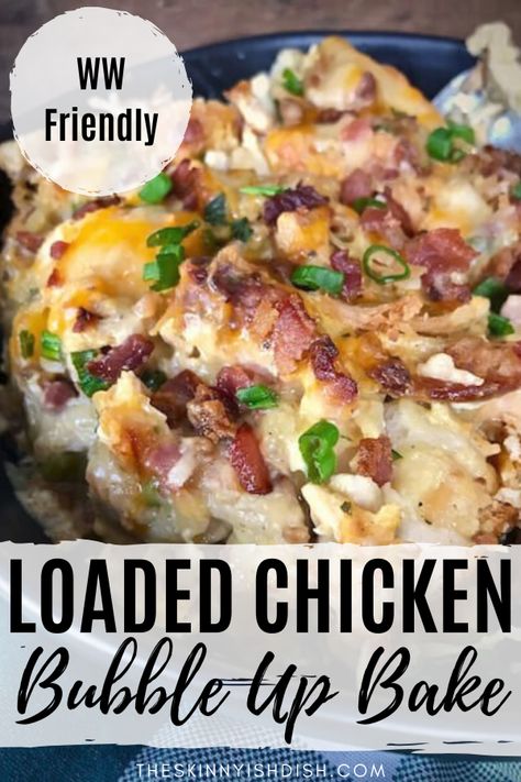 My Loaded Chicken Bubble Up is one of the best recipes for a delicious and creamy lightened up casserole. Made with chicken, biscuits, sour cream, cream of chicken soup and more it’s the ultimate comfort food! #chicken #bubbleup Ww Bubble Up Recipes, Chicken Bubble Up, Comfort Chicken Recipes, Chicken Bubble Up Bake, Bubble Up Bake, Casserole Recipes For Dinner, Skinnyish Dish, Weight Watchers Casserole, Weight Watchers Meals Dinner