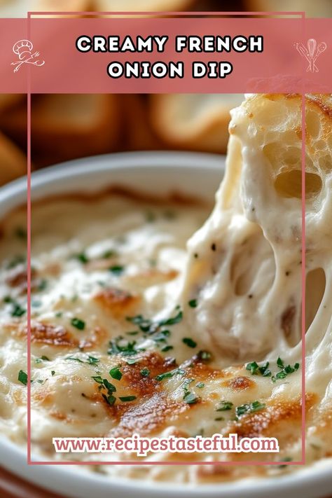 A classic party favorite, this creamy French onion dip is perfect for gatherings. With caramelized onions mixed into a rich sour cream and mayonnaise base, it's a hit with chips, veggies, or bread! Sour Cream Dip Recipes, Hot Onion Dip, French Onion Dip Recipe, Homemade French Onion Dip, Dip Recipes Hot, Onion Dip Recipe, Crock Pot Dips, Sour Cream Dip, Onion Bread