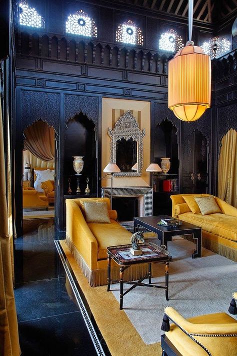 Eye For Design- Decorating With Black Walls Moroccan Decor Living Room, Moroccan Interior Design, Moroccan Room, Moroccan Living Room, Moroccan Interiors, Moroccan Design, Moroccan Decor, Indian Home, Indian Home Decor