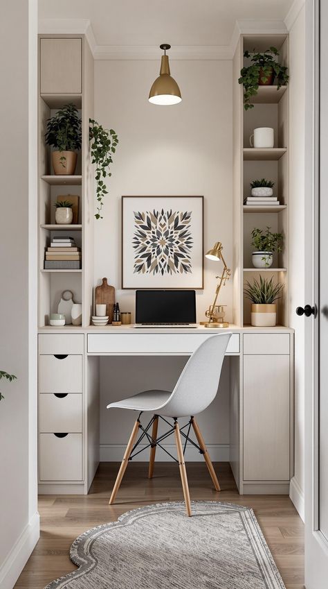 Tiny Home Desk Ideas Desk Nook In Bedroom Window, Very Small Study Room Ideas, Fitted Desk Ideas, Small Feminine Office Space, Small Home Desk Ideas, Desk In Small Living Room, Pocket Office Ideas Small Spaces, Built In Desk And Shelves Small Space, Narrow Office Space