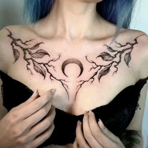 Chest Pieces Tattoo, Dark Fairycore Tattoo, Goth Back Tattoo Women, Collarbone Tattoo Goth, Gothic Rib Tattoo, Spooky Chest Tattoo, Witchy Chest Tattoo Female, Gothic Hip Tattoo, Goth Chest Tattoo Female