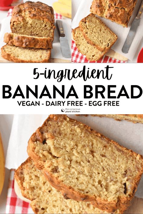 This 5-ingredient vegan banana bread is the easiest banana bread recipe ever, perfect to use the ripe bananas sitting on your kitchen counter. Plus, this quick bread is also healthy and refined sugar-free. Easiest Banana Bread Recipe, Vegan Banana Bread Easy, Dairy Free Banana Bread, Sugar Free Banana Bread, Vegan Banana Muffins, Vegan Banana Bread Recipe, Vegan Breakfast Easy, Vegan Baking Recipes, Chocolate Banana Muffins