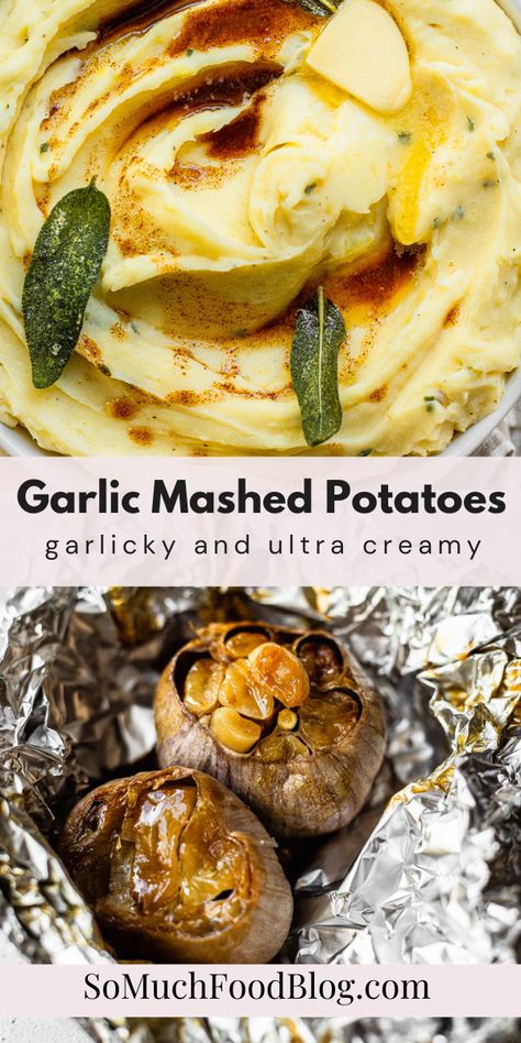 Roasted Garlic Mashed Potatoes are a staple at any table during the holidays! Roasting the garlic turns it sweet and mellow with tons of savory flavor and absolutely transforms average mashed potatoes. Brown Butter Garlic Mashed Potatoes, Mashed Potatoes Recipe Christmas, Best Roasted Garlic Mashed Potatoes, Garlicky Mashed Potatoes, Thanksgiving Garlic Mashed Potatoes, Baked Garlic Mashed Potatoes, Mashed Potatoes Recipe Golden Potatoes, Gold Potato Mashed Potatoes, Creamy Roasted Garlic Mashed Potatoes