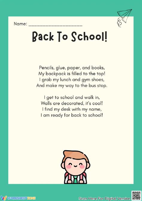 This worksheet is an exciting and energetic educational resource that captures the anticipation and enthusiasm of returning to school. The poem sets the scene for the back-to-school experience, highlighting the preparations and excitement of the first day. Check it out! #backtoschool #poems #rhymes #firstdayofschool #poemsforkid #kidsactivities #schools #worksheets #printable #worksheetforkids #ela #seasonal #kids #pdfs First Day Of School Poem, First Day Of School Quotes, School Poem, School Poetry, Poetry Worksheets, Preschool Class, Welcome Back To School, The Poem, School Quotes