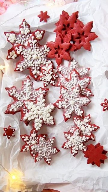 Sasha Nary on Instagram: "12 Days Of Christmas Cookies and DAY 1 are Red Velvet Snowflake Cookies Recipe!❤️❄️ I'm joining @FoodNetwork on this jolly and delicious twelve day long cookie-licious adventure and can't wait to share all of the recipes!🍪🎄 You will need: 1/2 cup unsalted butter 3/4 cup granulated sugar 1 egg 1 tbsp red food coloring gel 1/2 tsp vanilla 1 tsp unsweetened cocoa powder 1 tbsp melted dark chocolate 1 1/2 cups all-purpose flour 1 tsp baking powder 1/2 tsp salt Royal Icin Red Velvet Snowflake Cookies, Snowflake Cookies Recipe, Snowflake Recipes, 12 Days Of Christmas Cookies, Unsweetened Cocoa Powder, Snowflake Cookies, Red Food Coloring, Christmas Cookies Decorated, Red Food