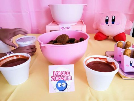 Kirby Birthday Party Ideas, Kirby Birthday Party, Kirby Party, Kirby Birthday, Party Food Signs, Activity Day Girls, Food Signs, 8th Birthday, Catch My Party