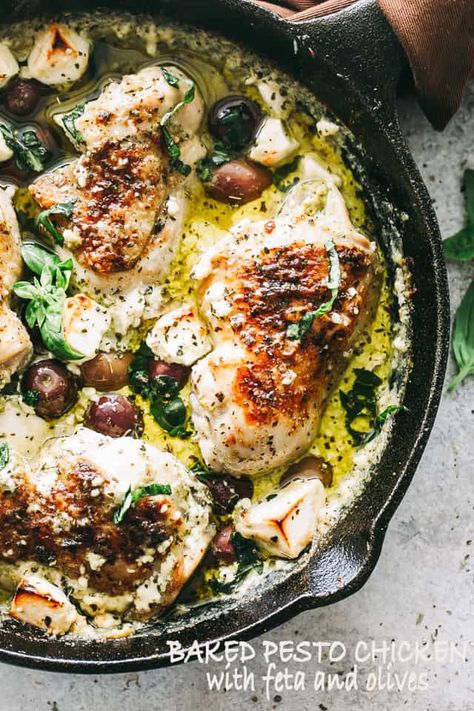 Tender & flavorful baked chicken recipe cooked in a creamy basil pesto sauce with feta cheese and olives. An easy keto chicken recipe perfect for dinner. Diet Chicken Recipes, Mediterranean Diet Chicken, Feta Cheese And Olives, Cheese And Olives, Baked Pesto Chicken, Chicken Pesto Recipes, Basil Pesto Sauce, Sauce Pesto, Juicy Baked Chicken