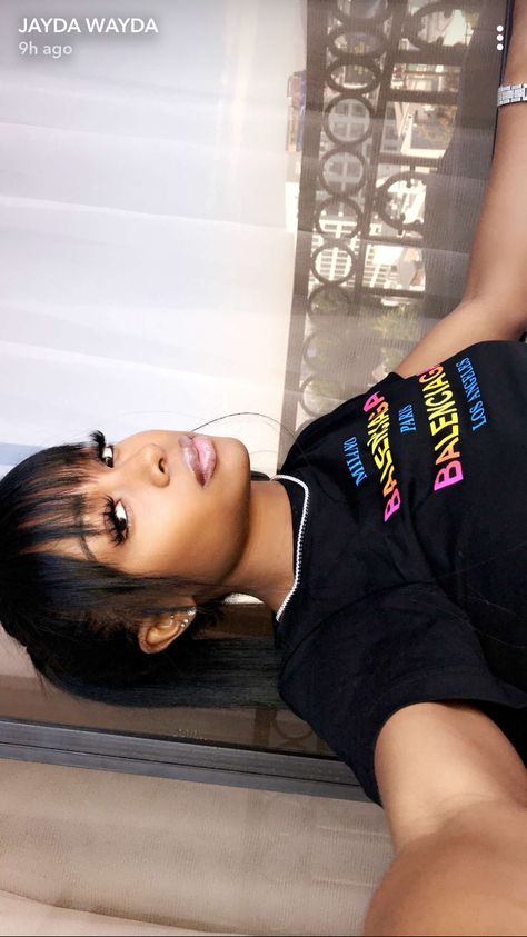 Follow: @Tropic_M for more ❄️ Jayda Wayda Bangs, Jt Bangs Side Part, China Bangs Ponytail Black Women, Jayda Wayda Hairstyles, Saweetie Ponytails, Chinese Bangs, Jayda Wayda In 2015, Ponytail Bun, Instagrammer