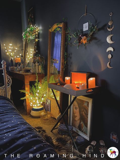 Celestial Apartment Decor, Cosmic Bedroom Aesthetic, 90s Celestial Bedroom, Dark Dopamine Decor, Dopamine Home Decor, Dark Fairy Bedroom, Diy Celestial Decor, Celestial Aesthetic Decor, Celestial Interior Design