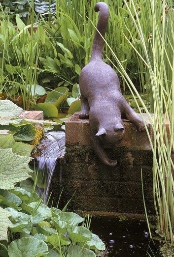 Garden Art Sculptures Statues, Pond Water Features, Cat Garden, Water Features In The Garden, Garden Pond, Cat Statue, A Pond, Garden Fountains, Garden Art Sculptures