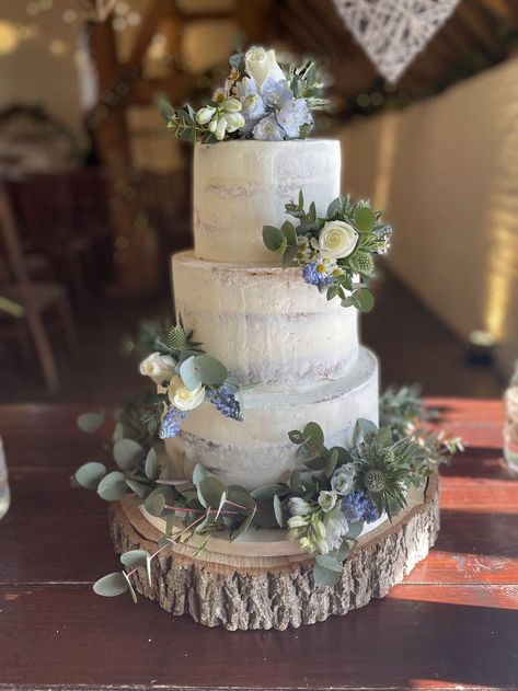 Wedding Cake Designs Blue, Wedding Cake Dusty Blue, Semi Naked Wedding Cake, Wedding Cake Designs Simple, Blue Wedding Centerpieces, Jade Wedding, Green Wedding Cake, Spring Wedding Cake, 3 Tier Wedding Cakes