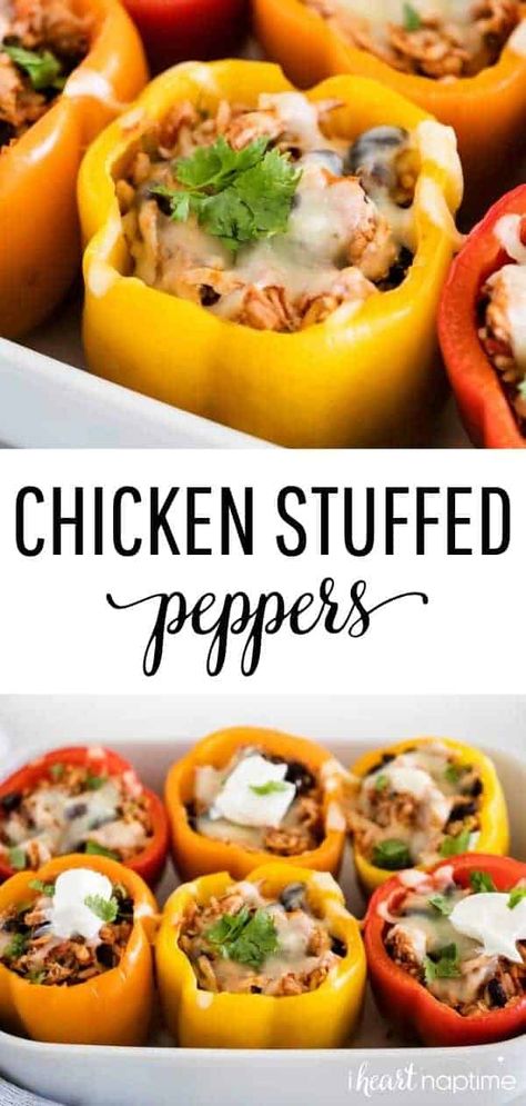 Chicken Stuffed Peppers - Made with 5 simple ingredients in just 30 minutes! A flavorful family-favorite that's perfect for busy weeknights! #peppers #stuffedpeppers #bellpeppers #mexicanfoodrecipes #mexican #mexicanfood #dinner #dinnerrecipes #dinnerideas #easydinner #easydinnerrecipes #5ingredient #recipes #iheartnaptime 5ingredient Recipes, Lasagna Stuffed Peppers, Chicken Peppers, Vegan Stuffed Peppers, Stuffed Peppers Healthy, Stuffed Pepper Casserole, Stuffed Pepper, Chicken Stuffed, Chicken Stuffed Peppers