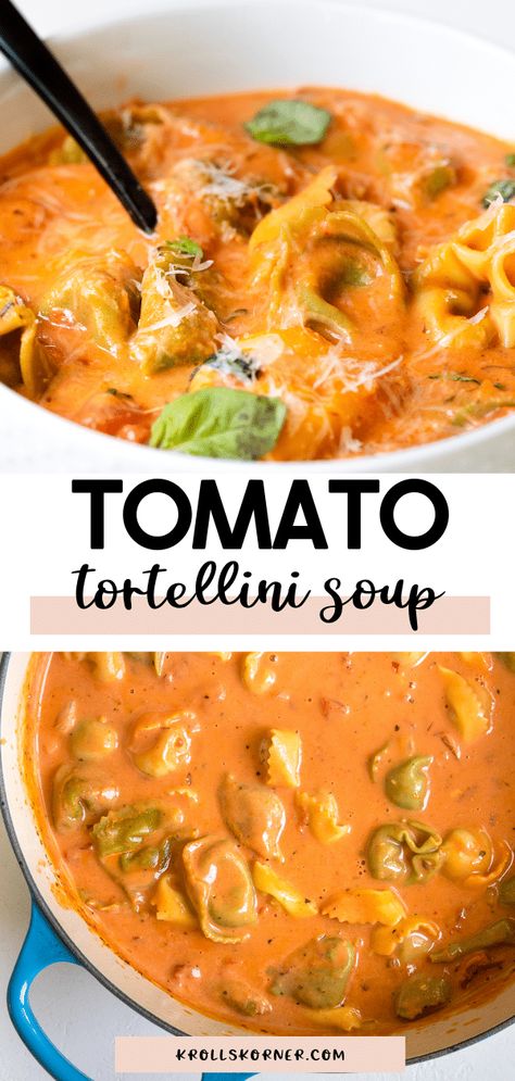 This Tortellini Soup is full of cozy vibes, magical cheesy tortellini, and has a perfect tomatoey base. It's creamy, simple and perfect for Fall/Winter nights! Warming Soups, Broccoli Cauliflower Soup, Cheesy Tortellini, Tomato Tortellini, Tomato Tortellini Soup, Canned Tomato Soup, Chicken Taco Soup, Fall Comfort Food, Tortellini Soup