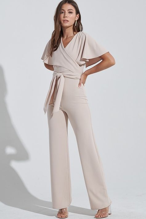 Beige Jumpsuit Outfit Wedding, Cream Jumpsuit Outfit, Beige Jumpsuit Outfit, Chic Beige Long Sleeve Pantsuit, Chic Beige Jumpsuit With Buttons, Beige Wide-leg Formal Pantsuit, Formal Fitted Beige Jumpsuit, Pantsuit Wedding, Neutral Jumpsuit