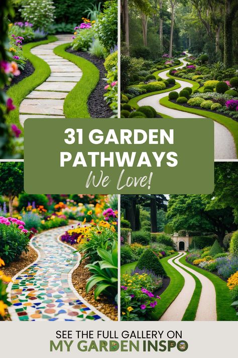 Discover 31 charming gardens featuring unique pathways, showcasing winding designs made of stone and mosaics, bordered by bright flowers and lush greenery. This pin highlights the beauty of garden design with 4 images capturing various delightful routes. Path In Lawn, Planting Between Pavers, Winding Garden Path, Walk Ways To Front Door Pathways, Path In Garden, Garden Pathway Ideas, Garden Paths And Walkways, Stunning Gardens, Concrete Pathway