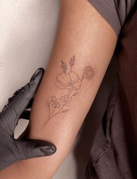 Modern Small Tattoos, Inner Arm Bouquet Tattoo, Fine Line Bouquet Tattoo, Flower Tattoos Fine Line, Fine Line Flower Bouquet Tattoo, Bouquet Tattoos, Fine Line Floral Tattoo, Fine Line Flower Tattoo, Inside Bicep Tattoo