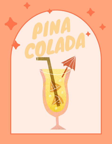 Pina Colada Poster, Pink Yellow Background, Pina Colada Drink, Malibu Cocktails, Drinks Art, Cocktail Posters, Cocktail Pink, Drink Art, Printable Wall Collage