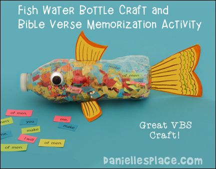 Fish Water Bottle Craft and Bible Verse Memorization Activity for VBS from www.daniellesplace.com Bottle Fish, Free Sunday School Lessons, Verse Memorization, Vacation Bible School Craft, Under The Sea Crafts, Water Bottle Crafts, Fish Craft, Bible Verse Memorization, Children's Church Crafts