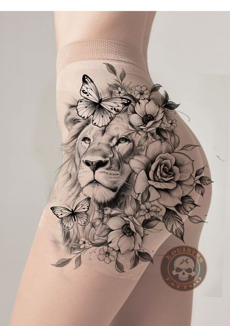 Lion Tattoo On Thigh, Shen Long Tattoo, Lion Art Tattoo, Cute Thigh Tattoos, Girl Thigh Tattoos, Mandala Hand Tattoos, Thigh Tattoo Designs, Flower Tattoo Drawings, Tiger Tattoo Design