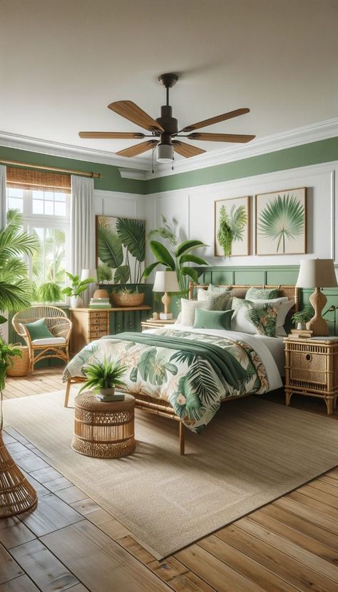 Dream Big: 21 Master Bedroom Decor Ideas for a Perfect Sanctuary Tropical Beach Bedroom, Tropical Green Bedroom, Tropical British Colonial Bedroom, Tropical Bedroom Furniture, Tropical Bedroom Ideas, Tropical Theme Bedroom, Exotic Bedrooms, Rattan Lamps, Tropical Room