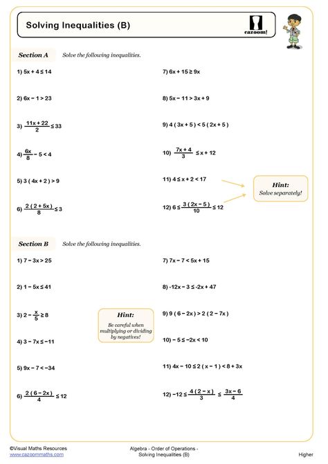 Solving Inequalities (B) Worksheet | Printable Maths Worksheets B Worksheet, Inequalities Worksheet, Grade 5 Math Worksheets, Solving Inequalities, Linear Inequalities, Maths Worksheets, Math Sheets, Algebra Worksheets, Sight Word Worksheets