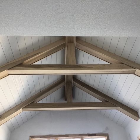 Cathedral with 7" MDF shiplap and truss style beams. Large center ridge beam and side beams constructed of 1x8's. Two days solo on this ceiling. Cathedral width was about 15' and side rafter length was about 9'. Bottom truss cord 123" long to long. 36.6 degree roof pitch. I was happy with the proportions. Attic Shiplap, Mdf Shiplap, Shiplap Ceilings, Church Ceiling, Cedar Beams, House Attic, Vaulted Ceiling Beams, Ridge Beam, Island Farmhouse