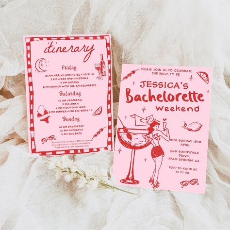 Whimsical Cocktail Bachelorette Weekend Party Invitation Bachelorette Stationary, Hand Written Invitations, Bachelorette Cocktails, Bachelorette Inspo, Red Birthday Party, Tropical Bachelorette, Palm Springs Bachelorette, Bachelorette Invitation, Bachelorette Itinerary