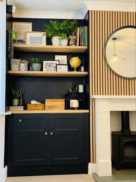 Bookcase Alcove, Panelled Fireplace, Living Room Niche Ideas, Fireplace Alcove Ideas, Shelves And Fireplace, Alcove Shelf, Living Room Niche, Alcove Storage Living Room, Alcove Ideas Living Room