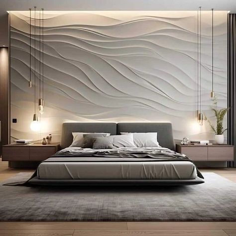 Bedroom Bed Wall Design Modern, Wall Panel Design Bedrooms, Bed Back Wall Design Modern, Bed Panelling Modern, Bed Wall Panelling Design, Textured Walls Bedroom, Pvc Wall Design, Modern Bedroom Interior Luxury, Bedroom Ideas Modern Luxury