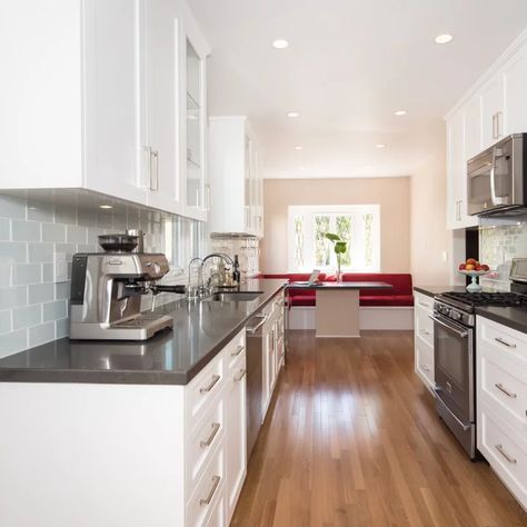 75 Beautiful Galley Kitchen with No Island Pictures & Ideas - May, 2021 | Houzz Wide Galley Kitchen With Island, Galley Kitchen With Dining Area, Bungalow Galley Kitchen, Farmhouse Kitchen Without Island, Gally Kitchen With Large Island, Gally Kitchen Design Ideas, Open Galley Kitchen With Island, Galley Kitchen One Side, White Galley Kitchen Ideas