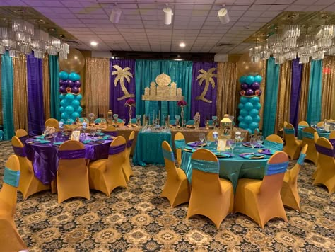 Aladin Theme Party Decoration, Princess Jasmine Quinceanera Theme, Princess Jasmine Sweet 16, Jasmine Quinceanera Theme, Aladdin Quinceanera Theme, Jasmine Party Decorations, India Party Decorations, Arabian Theme Party, Princess Jasmine Cake