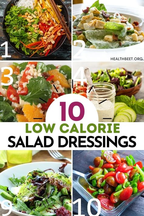 The 10 best low calorie salad dressings on the internet! I even found a ZERO calorie salad dressing!! Grab all the links on this article! Low Calorie Dressing Recipe, Low Calorie Salad Dressing Recipes, Low Calorie Salad Dressing, Health Beet, Low Fat Salads, Low Calorie Salad, Homemade Salads, Dressing Recipes, Low Calorie Dressing