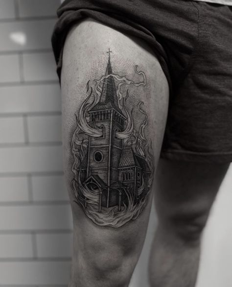 Cathedral Tattoo, Church Tattoo, Burning Church, W Tattoo, Black And Gray Tattoos, Ghost Tshirt, Tattoo Concepts, Persian Art Painting, Fire Tattoo