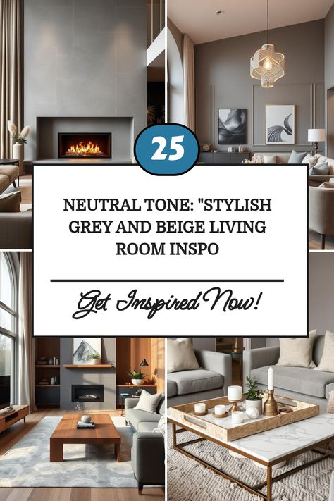 Stylish grey and beige living room with modern fireplace and elegant decor. Beige Sofa Grey Walls, White Grey And Brown Living Room, Gray Monochromatic Living Room, Black White Grey Tan Color Palette, Grey Couch With Brown Accents, Cream And Grey Living Room Ideas, Light Grey Couch Living Room Modern, Grey Couch Neutral Living Room, Gray And Neutral Living Room